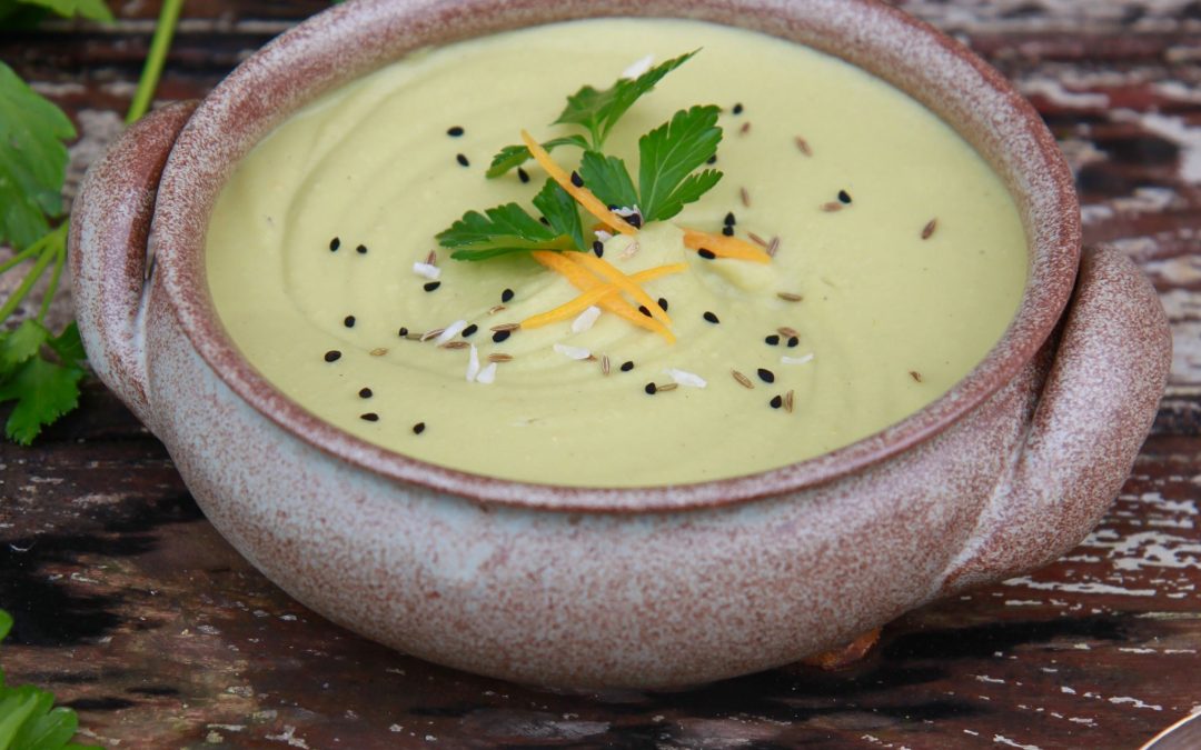 Velouté de pois cassés, coco et kumquat
