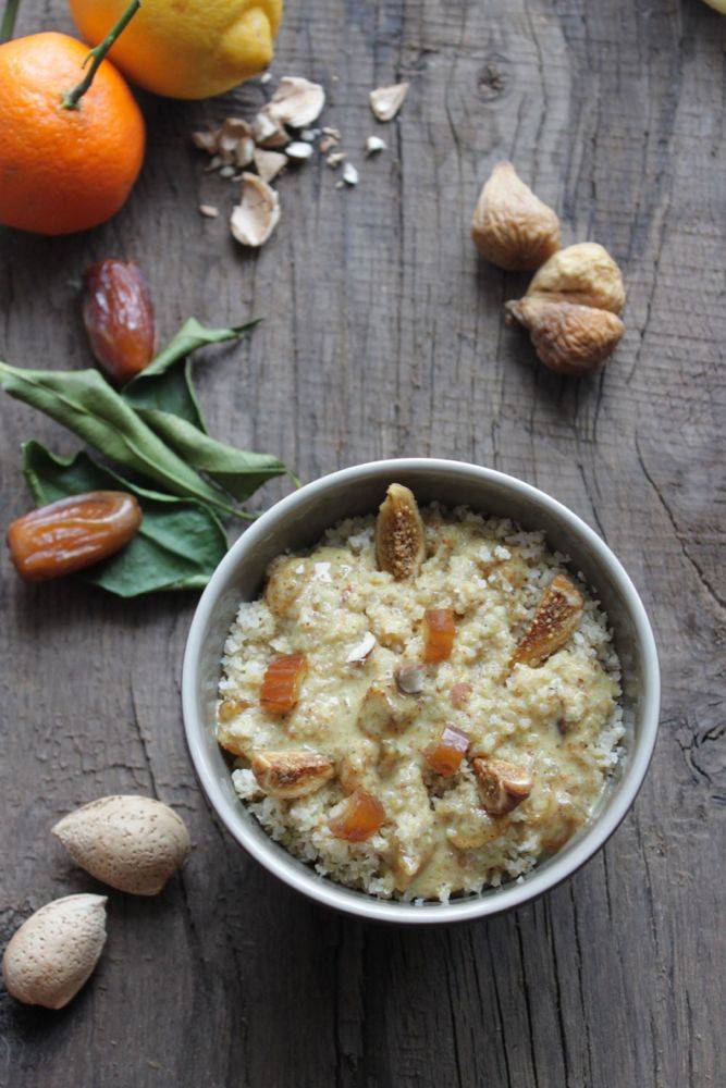 Recette Salade tiède de boulgour-pois chiches, figues et sauce amandes agrumes