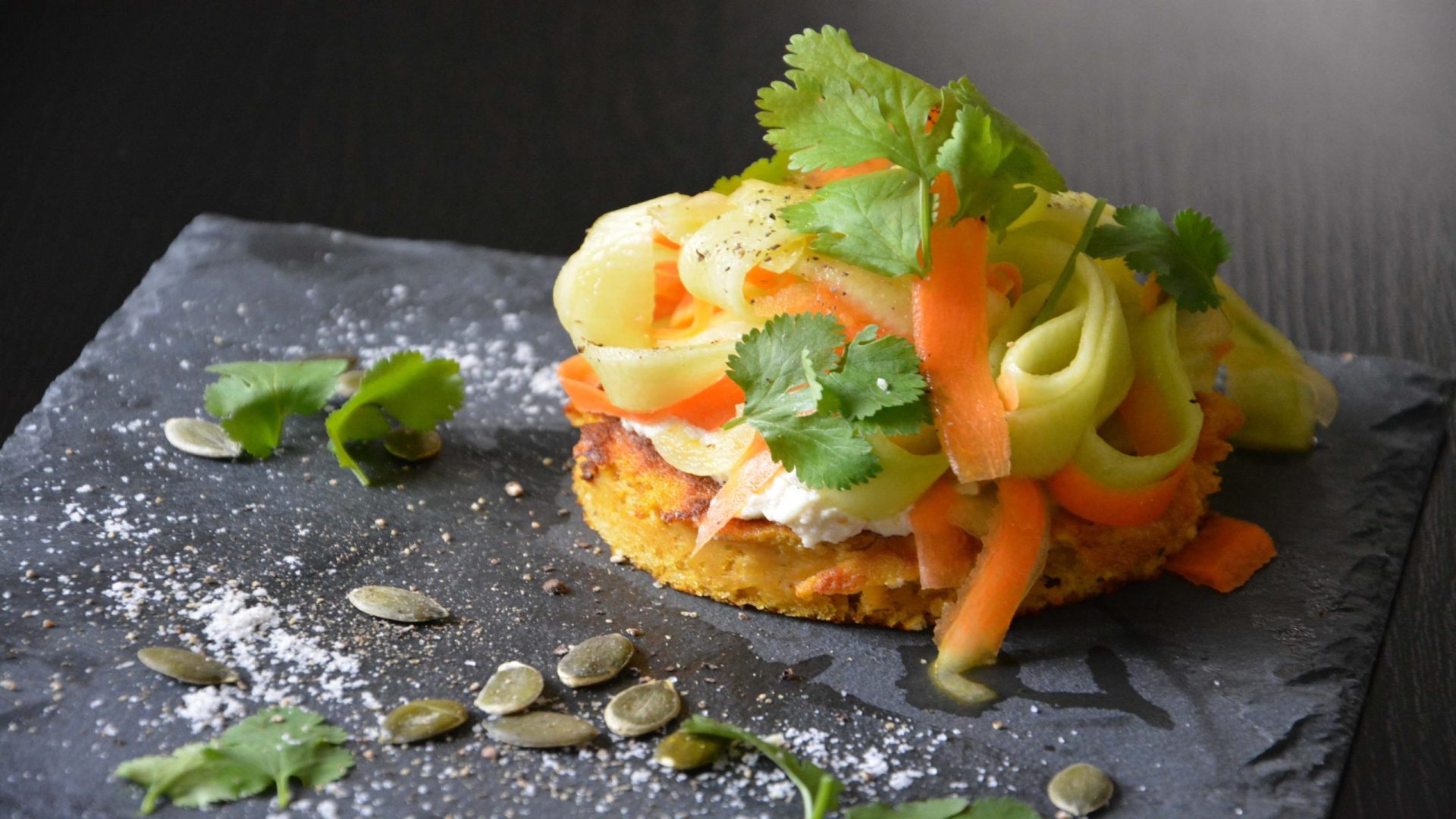 Recette Blinis de patate douce, cervelle de canut végétale et pappardelles de légumes